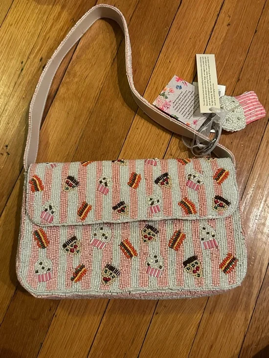 Beaded Pink Stripe Shoulder Bag with Cupcake/Pizza/Burger Motif NWT - Picture 1 of 6